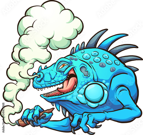 Blue iguana smoking a marijuana cigarette. Vector clip art illustration with simple gradients. All in a single layer.
