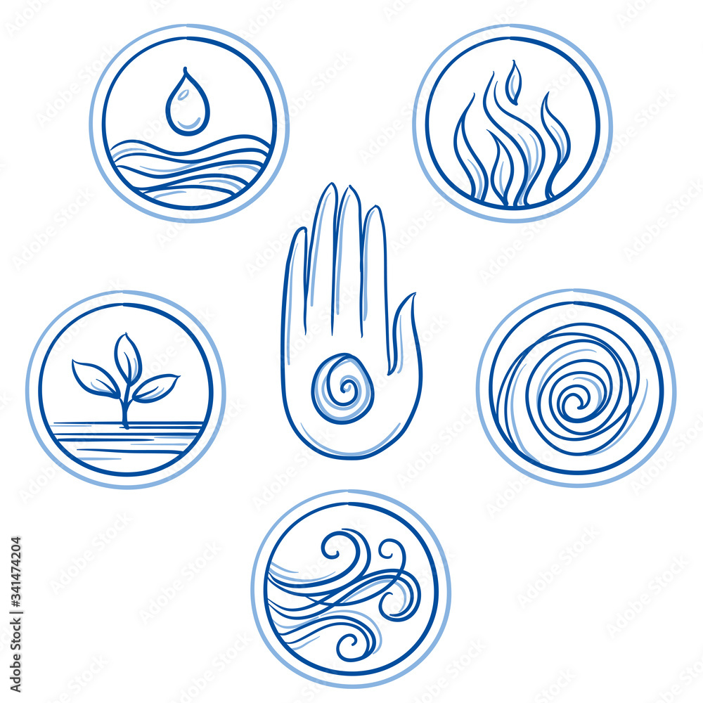 Set Of Ayurveda Symbols Of Different Elements Doshas And Body Types Hand Drawn Line Art