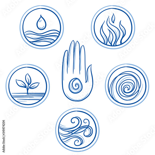 Set of ayurveda symbols of different elements, doshas and body types. Hand drawn line art cartoon vector illustration.