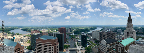 Arial view of a city river highway office buildings. Taken in Hartford Connecticut
