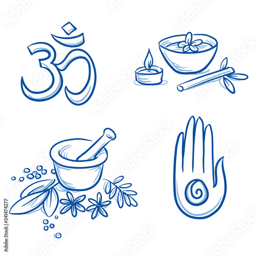 Set of ayurveda and wellness symbols. Hand drawn line art cartoon vector illustration.