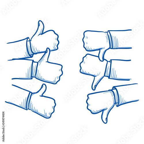 Set of different hands showing thumb up or down, concept for like or dislike. Hand drawn line art cartoon vector illustration.