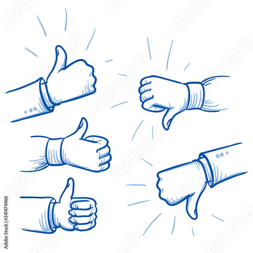 Set of different hands showing thumb up or down, concept for like or dislike. Hand drawn line art cartoon vector illustration.