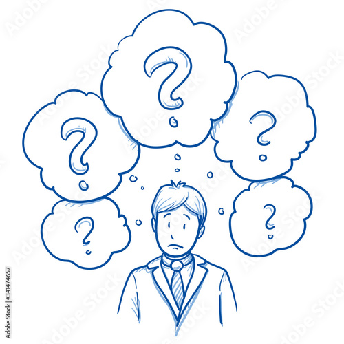 Unhappy business man, with lots of question marks in thought bubbles, concept for confusion, irritation, clue less. Hand drawn line art cartoon vector illustration.
