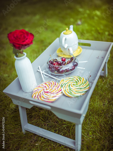 picnic table and flowers