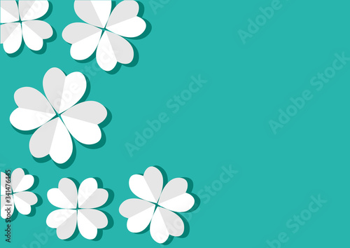 Paper white flowers on turquoise background. Space for your text. Vector illustration
