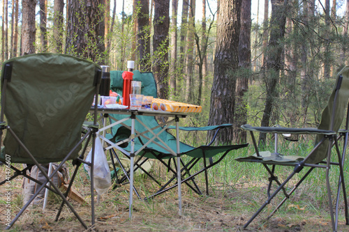 Spring picnic in the forest: table and chairs against the background of trees in the meadow.