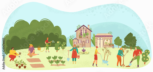 People planting garden plants and agriculture farming flat vector illustration, gardeners care for fruit trees, vegetables n garden-beds. Gardening, harvesting, planting and growing.