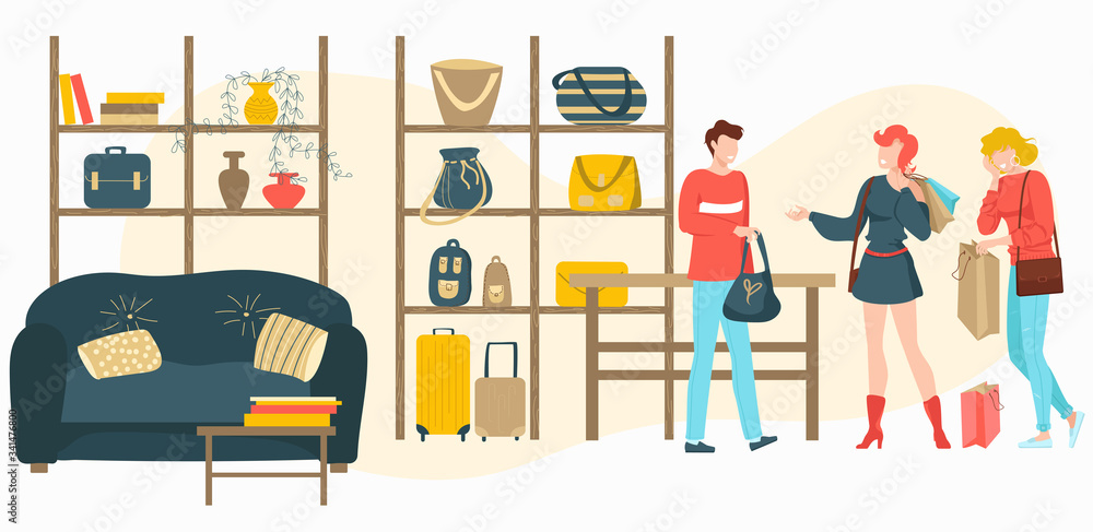 Bags, baggage store with people customers buy fashion bag in boutique shop, sale flat cartoon vector illustration. Purses, handbags and travellers suitcases store interior discount or sale.