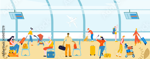 Tourists with baggage in airport people, traveling passengers, luggage at international departure vector flat illustration. People in tour with luggage suitcases and air tourism, travel.