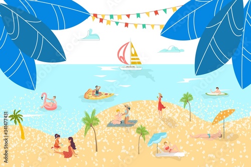 Vacationers at sea beach rest people sunbathing, sailing surfing on sand, vacation water resort flat vector illustration. Sea travel or ocean for holiday, tropical beach and people vacationers swim.