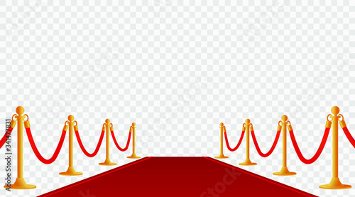 Red background with carpet and path barriers 3d vector illustration. Luxury entrance to vip event or celebrity party isolated on white background. Premiere show ceremony.