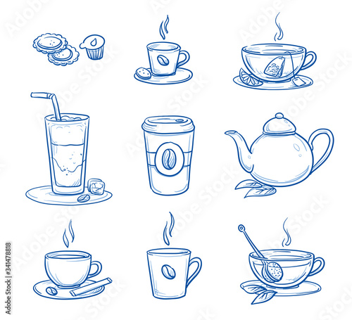 Icon set of different tea and coffee specialties in cups and glasses, a tea pot and a coffee-to-go mug. Hand drawn doodle vector illustration.