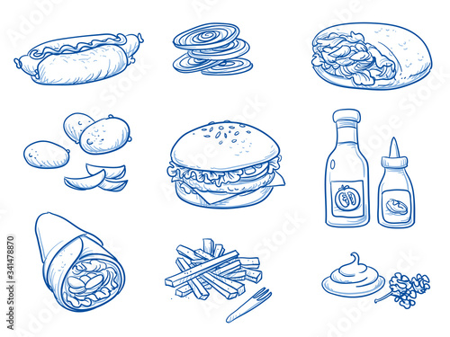 Icon set of different fast food meals and supplements as burger, wrap, doner kebab with some side dishes as fries, potatoes, onions and some ketchup and mustard. Hand drawn doodle vector illustration.