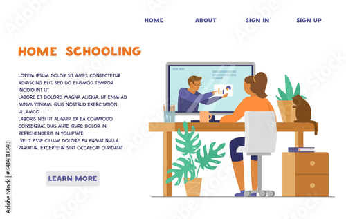 Online education. Girl sitting in front of computer with teacher on the screen. Distant learning during quarantine concept. Home schooling site template. Flat vector illustration.