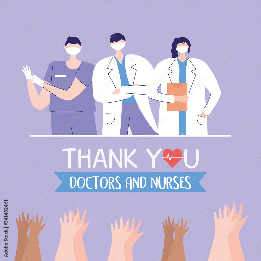 thank you doctors and nurses, physicians team professional and raised hands claps
