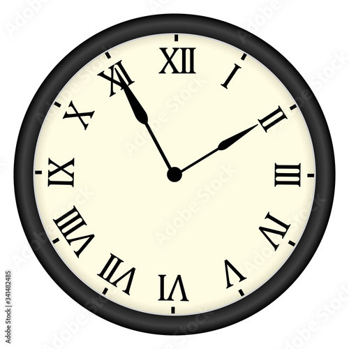 Ivory-white wall clock with a black rim, with Roman numerals showing "five to two." Vector illustration. Stock drawing.