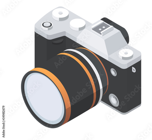 Retro-style isometric digital photo camera with manual dials. Isolated on white background.