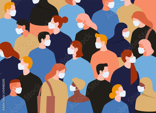 Group of people wearing medical masks to prevent disease, flu, air pollution, contaminated air, world pollution. Vector illustration in a flat style