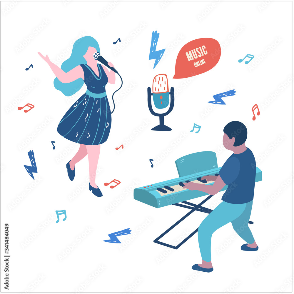 The singer and pianist give a concert, arrange a music show. Music and dancing at a live concert. Illustration with isolated elements - microphone, notes, lightnings. The singer and pianist give a concert, arrange a music show. Music and dancing at a live concert. Illustration with isolated elements - microphone, notes, lightnings.