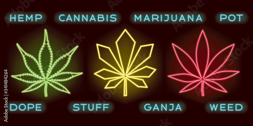 Cannabis or Marijuana Glowing Neon Sign Style Leaves Set with Dope Ganja Hemp Pot Stuff Weed Logos Lettering - Green Red and Yellow on Dark Background - Hand Drawn Doodle Design
