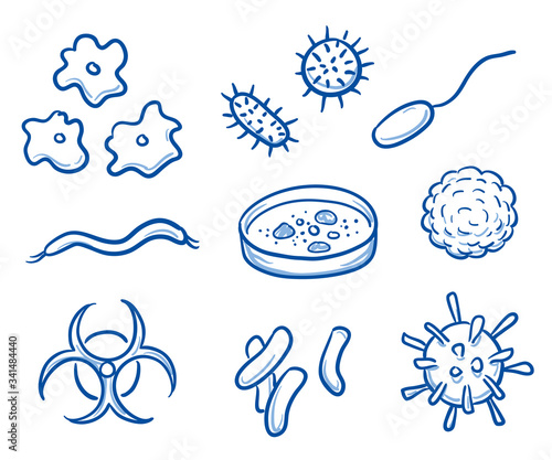 Set of different bacteria and viruses, for medical info graphics. Hand drawn line art cartoon vector illustration.
