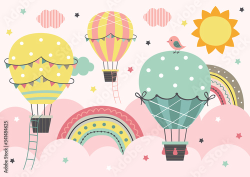 three colorful Hot Air Balloon fly in the pink sky
  - vector illustration, eps    