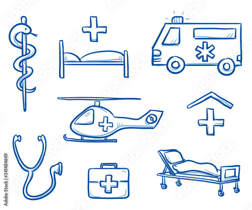 Set of different medical icons as ambulance, helicopter, hospital, stethoscope, first aid kit, bed,  for medical info graphics. Hand drawn line art cartoon vector illustration.