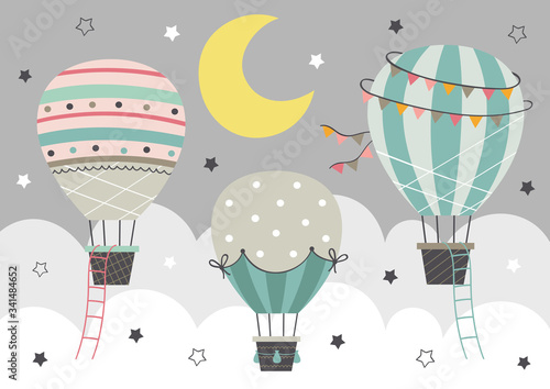 three Hot Air Balloon fly in the night sky
  - vector illustration, eps    