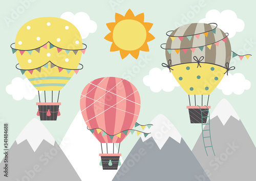 three Hot Air Balloon fly over the mountains
  - vector illustration, eps    