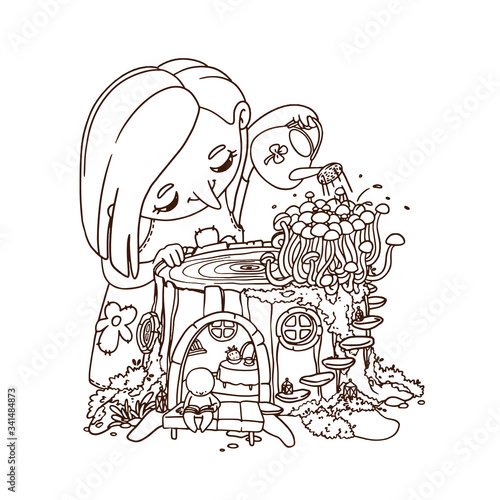 Hand drawn illustration of a little fairy watering mushrooms from a watering can. Vector coloring book page of a magic dreamland with elf and stump house.