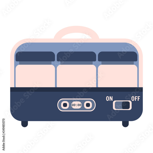 Flat electric yogurt maker machine icon, kitchen appliance. Cute blue and pink vector kitchen appliance, automatic yogurt maker for healthy eating logo design, recipe decoration