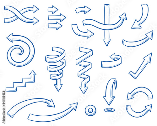 Set of different curved arrows for work flow charts, video clips or infographics. Hand drawn doodle cartoon vector illustration.