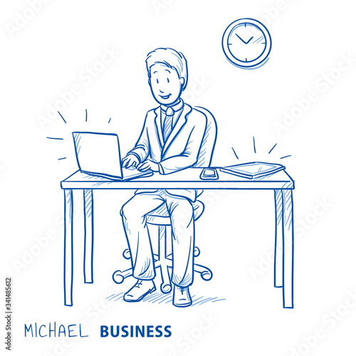 Happy business man, employee at his desk with laptop, tablet and smart phone. Concept for good organization, perfect work flow or software optimization. Hand drawn line art cartoon vector illustration
