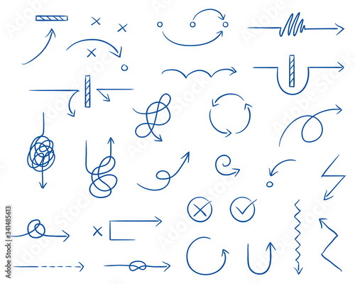 Set of different thin curved and tangled arrows for work flow charts, video clips or info graphics. Hand drawn doodle cartoon vector illustration.