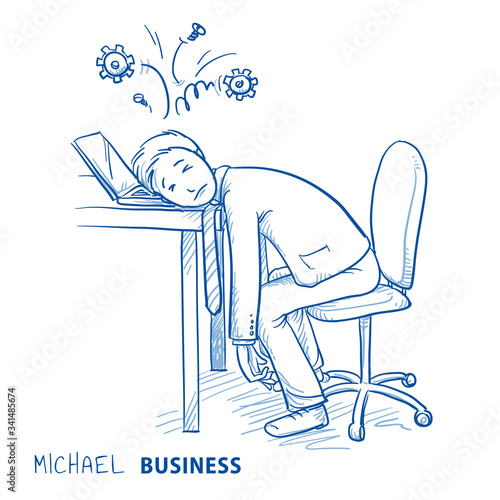 Exhausted business man at his desk with gears over his head, concept of stress, burnout, headache, depression, hand drawn doodle vector illustration