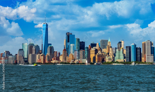 View of Manhattan Skyline, from Liberty State Park in Jersey City, New Jersey. Manhattan is the most densely populated of the five boroughs of New York City.