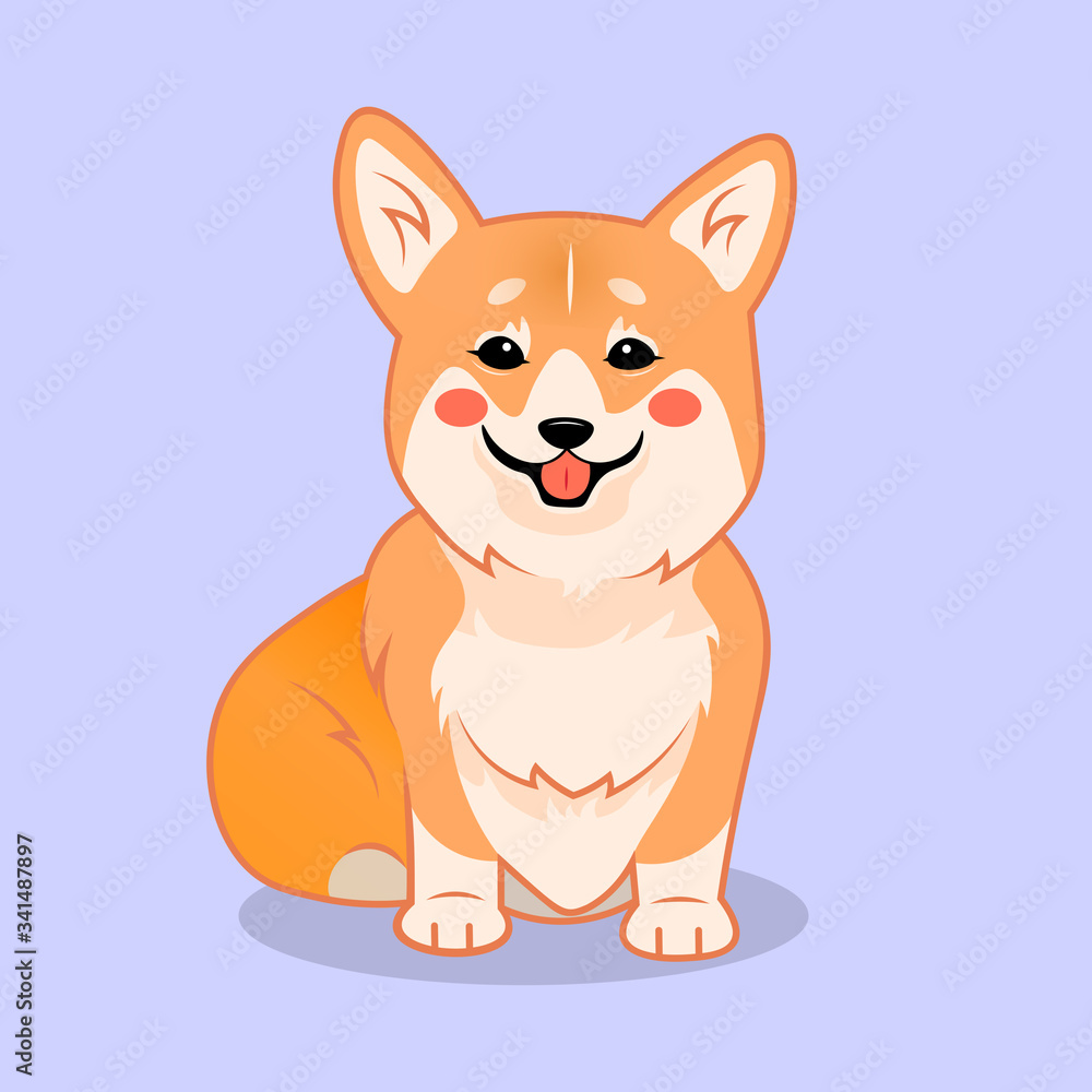 Cute sitting smiling corgi dog vector cartoon illustration. Kawai corgi puppy print. Isolated on lilac background Cute sitting smiling corgi dog vector cartoon illustration. Kawai corgi puppy print. Isolated on lilac background