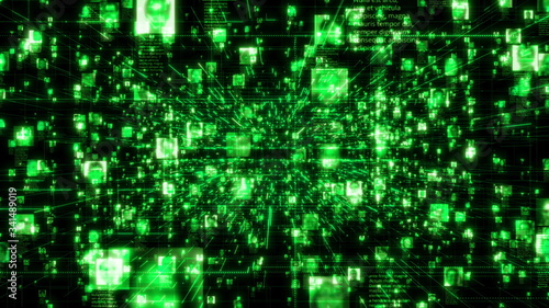 artificial intelligence concept of a social network with a stream of people portraits connected by bright green network grid in black internet cyberspace background. 3d rendering 4K footage.