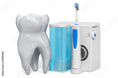 Tooth with water flosser, dental oral irrigator. 3D rendering