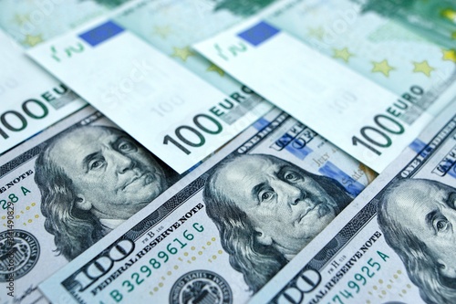 Wallpaper Mural Close up of usd and euro laid out in a pattern, 100 cash banknotes of leading currency in the world. Financial and business concept  Torontodigital.ca
