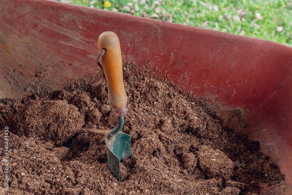 Closeup of Garden Spade in Soil in Wheelbarrow Closeup of Garden Spade in Soil in Wheelbarrow