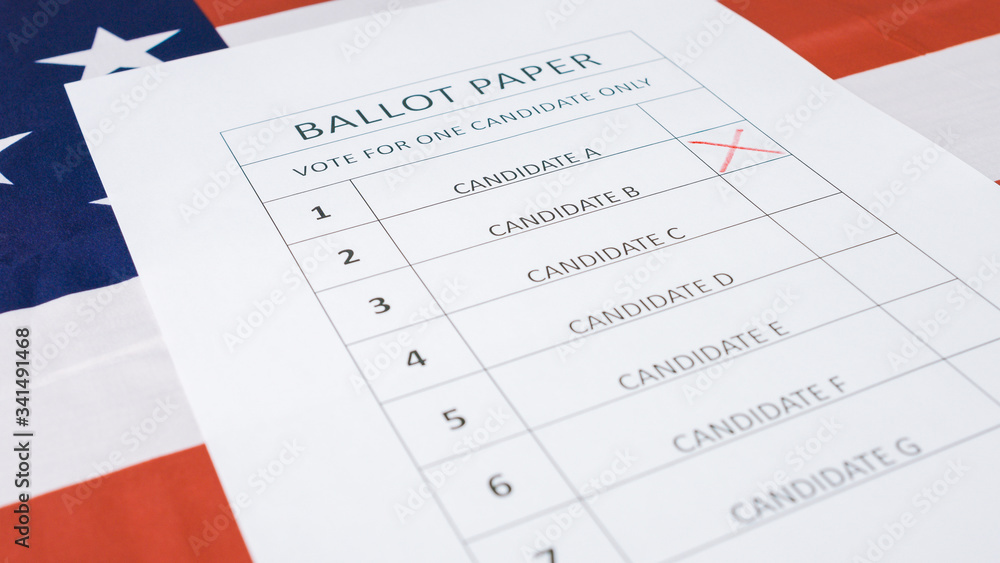 Voting for Presidential elections 2020 with ballot on American flag. Voting for Presidential elections 2020 with ballot on American flag.