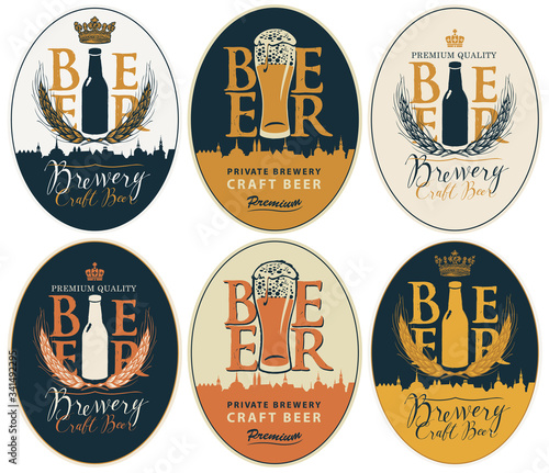 Set of vector labels for craft beer and Breweries in oval frames in retro style. Labels with overflowing glasses of frothy beer, beer bottles, wheat ears, inscriptions and silhouettes of old cities