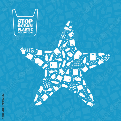 Stop ocean plastic pollution concept vector illustration. Starfish marine animal silhouette filled with plastic garbage flat icons. Global environmental problem, prevent ocean pollution concept