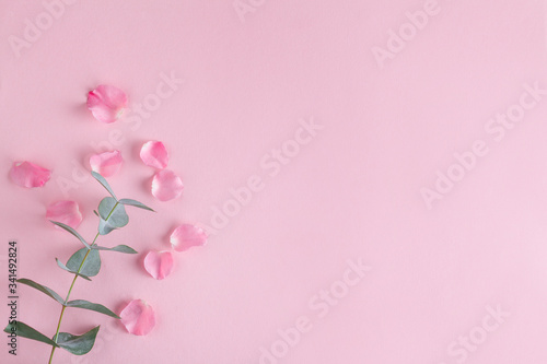 beautiful floral arrangement with pink rose petals and green eucalyptus branch on pastel pink background, top view, flat lay, copy space