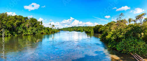 Panoramic view from Iguazu River on shores with subtropical rainforest. Iguazu National Park is in Misiones Province  Argentina.