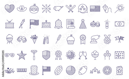 Independence day line style icon set vector design