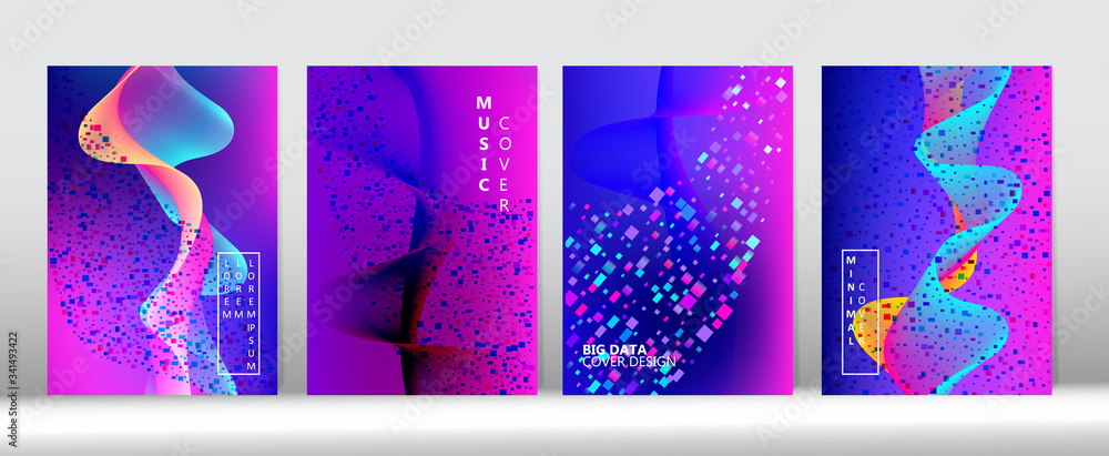 Big Data Tech Neon Background. Music Covers Set. Pink Purple Blue Punk Vector Cover 