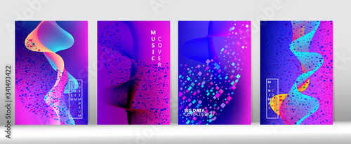 Big Data Tech Neon Background. Music Covers Set. Pink Purple Blue Punk Vector Cover 